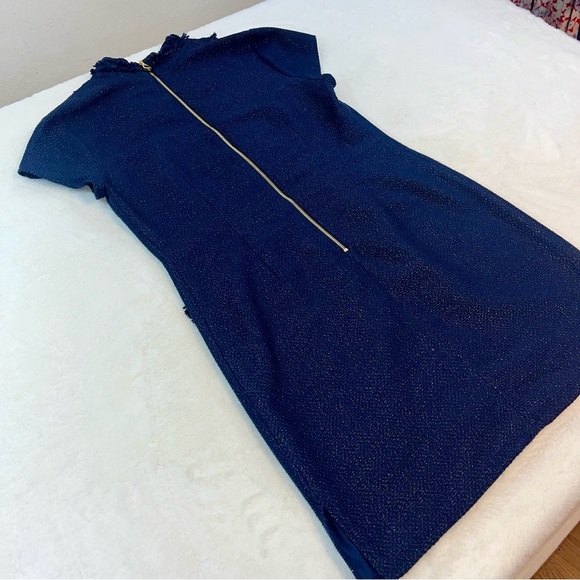 Sail to Sable Navy Blue Gold Metallic Tweed Fringe Tunic Shift Dress Size 10 - Picture 8 of 14